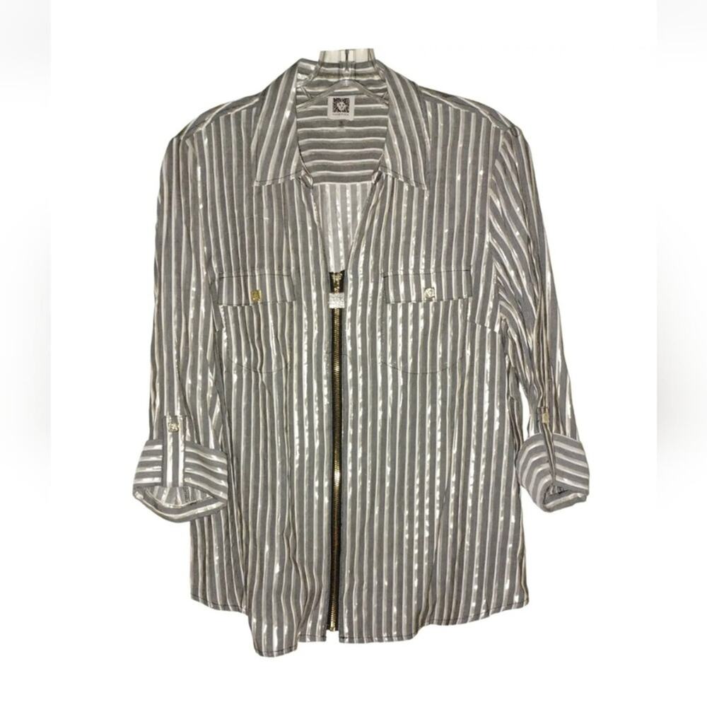 ANNE KLEIN Zip Up Blouse Metallic Gold Gray Stripe Shirt Blouse Plus Size 3X New